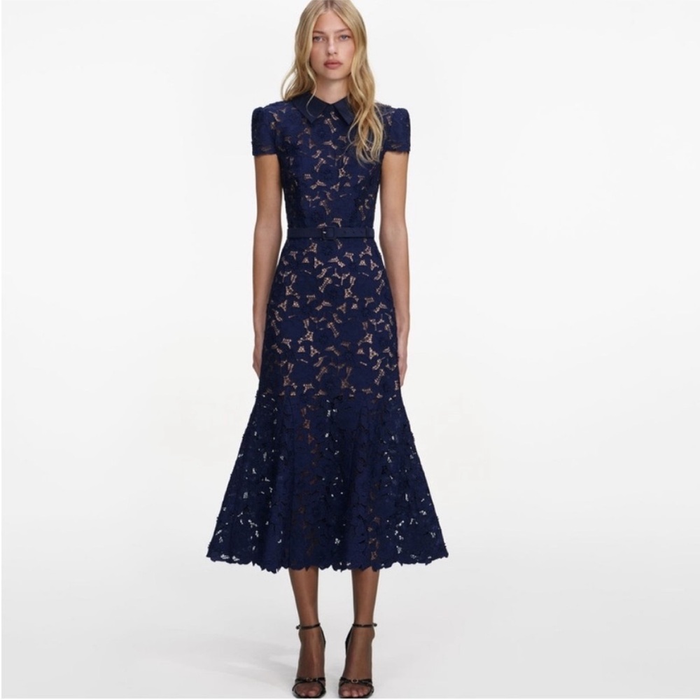 SELF-PORTRAIT NWOT Belted guipure lace midi dress in navy blue
